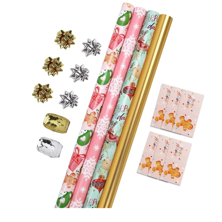 LaRibbons Christmas Wrapping Paper Set, Snowflake & Reindeer & Gingerbread Man Design with Gift Bow & Ribbons & Tags, Perfect for Christmas, Winter Party, 30 Inch X 10 Feet (4Rolls, 100 sq.ft.ttl.)