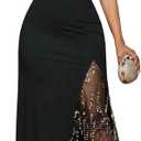 Women's Elegant Sequin Ruched Maxi Dress Formal Glitter Square Neck Mesh Evening Party Cocktail Dresses (Black, S)