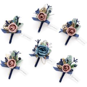 Ling's Moment Boutonniere for Men, 6pcs Groom Groomsmen Boutonniere, Artificial Flowers for Wedding Decor/Prom/Homecoming, etc.Navy Blue & Pink