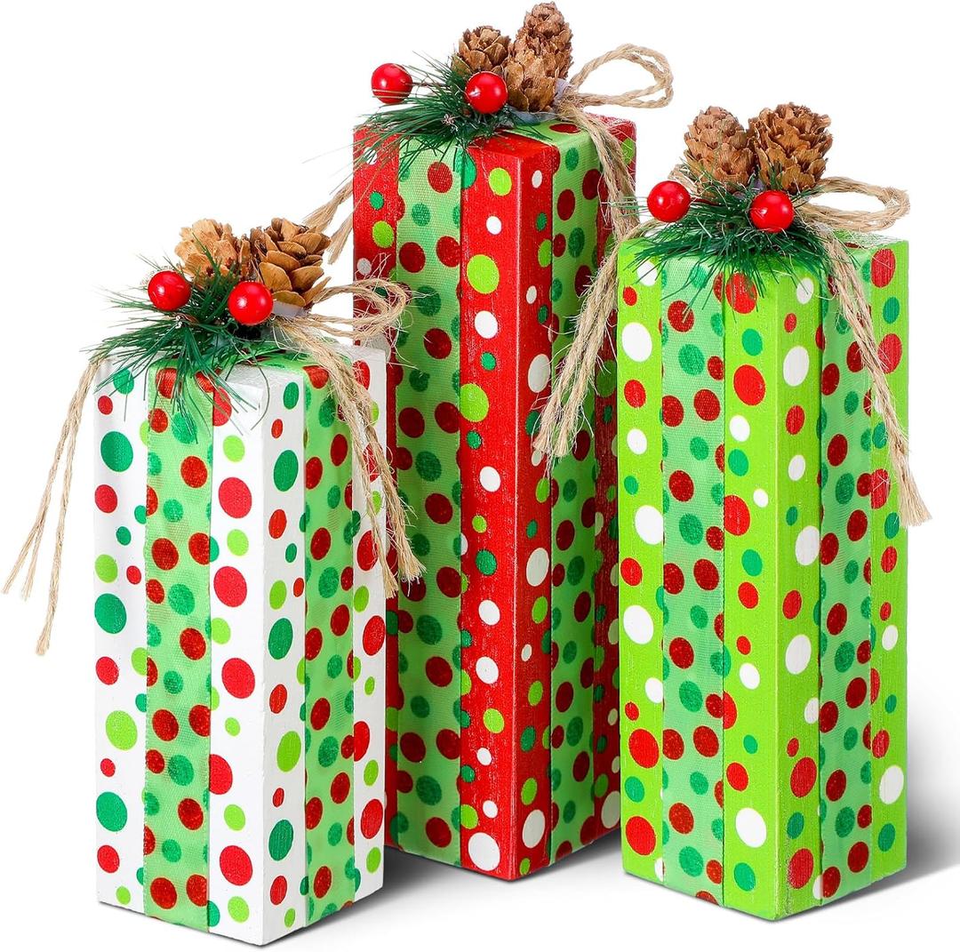 Glenmal 3 Pcs Christmas Table Centerpieces Xmas Wood Gift Boxes Decor Rustic Faux Present Blocks with Bow Ribbon for Holiday Tree Tiered Tray Decoration(Green Red White,Dot Style)
