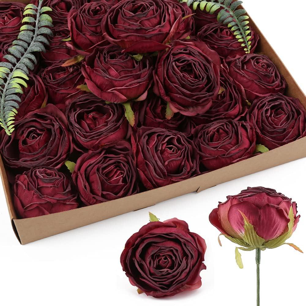 IPOPU Burgundy Artificial Flowers Roses Heads, 25pcs Fake Dried Roses Flowers Artificial for Decoration for Dried Floral Bouquet Bridal Party Centerpieces Bridal Bouquets for Wedding (Burgundy)