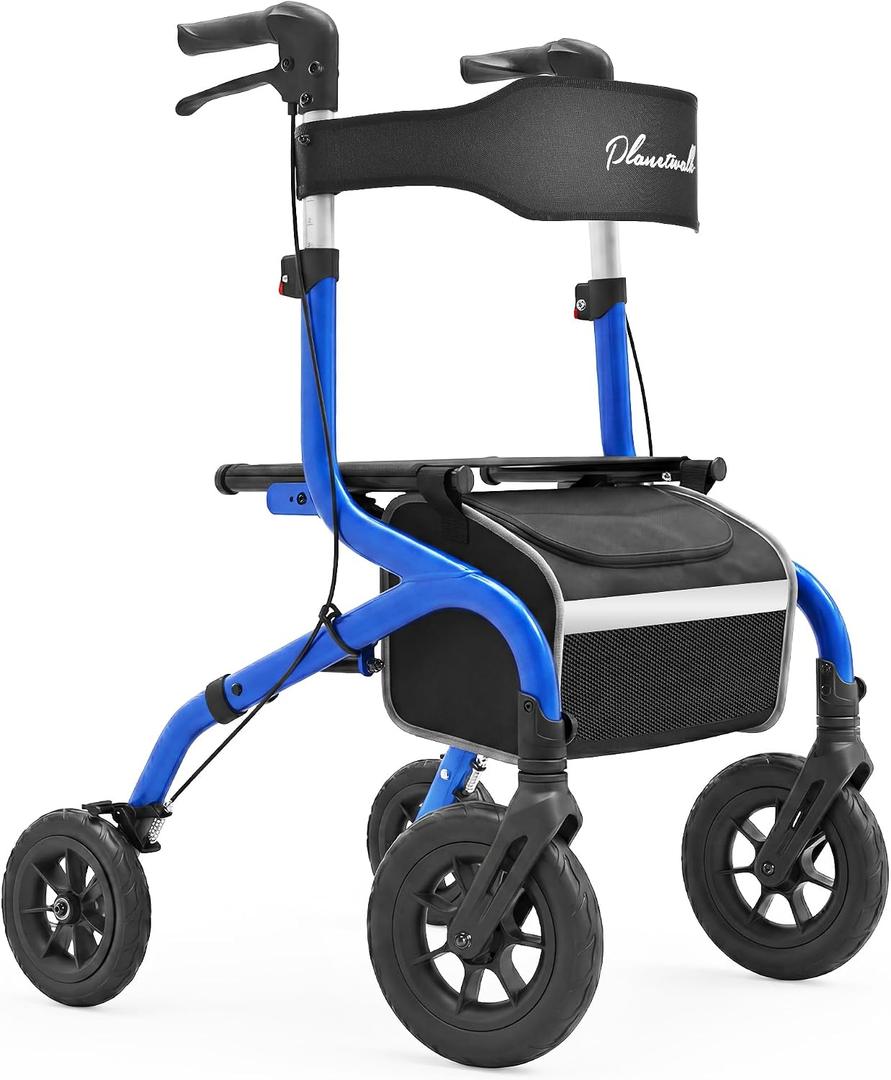 PLANET WALK Foldable Rollator Walker: 10" & 8" All-Terrain Wheels, 300lb Capacity, Treaded Rubber Tires, Breathable Seat & Backrest, Lightweight Mobility Aid for Seniors, Blue