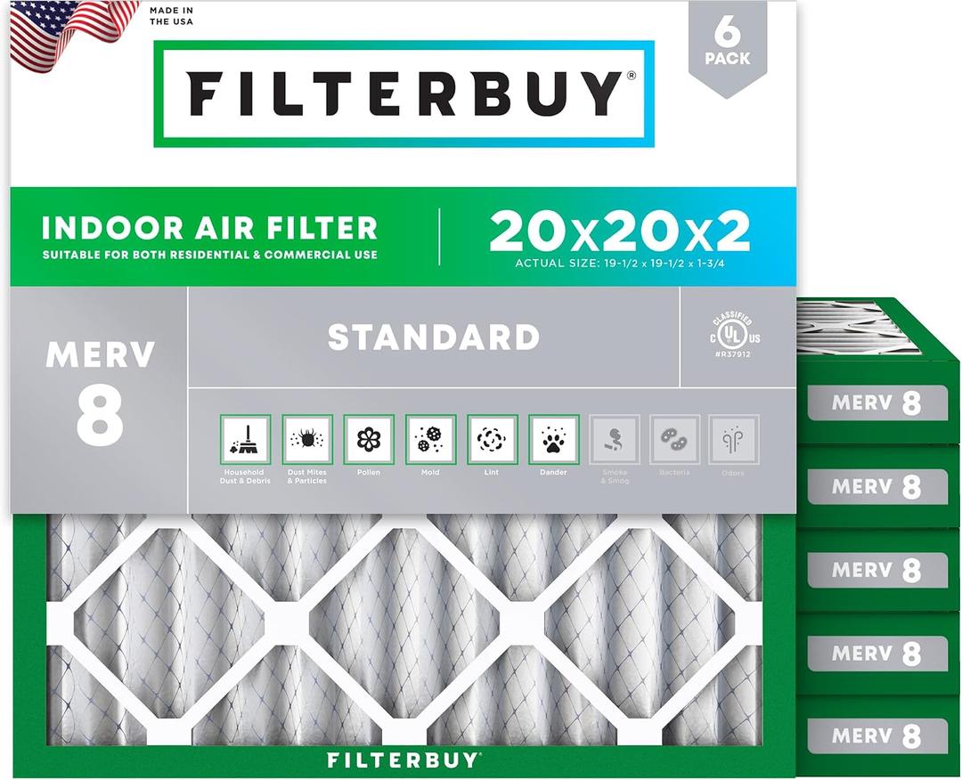 Filterbuy 20x20x2 Air Filter MERV 8 Dust & Allergy Defense (6-Pack)