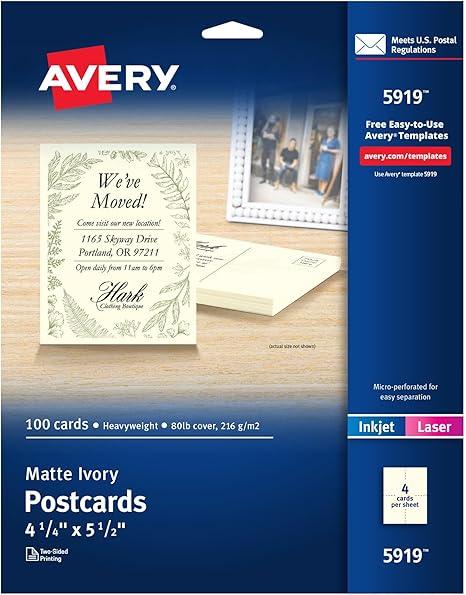 Avery Printable Postcards, 4.25" x 5.5", Ivory, 100 Blank Postcards for Laser and Inkjet Printers (5919)