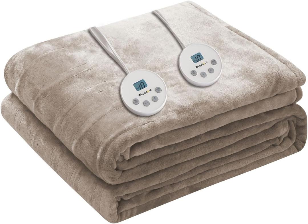 Wapaneus Heated Blanket Electric Queen Size 84"x90"-Dual Control with 10 Heat Levels 12 Timer Settings and 8 Hours Auto-Shut Off,Fast-Heating Electric Blanket,ETL Listed Machine Washable,Mushroom