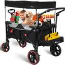 Collapsible Canopy Wagon, Foldable Wagon Stroller with 330LBS, Heavy Duty Cart with Shock-Absorbing Wheels, Adjustable Push Pulling Handles for Camping, Garden, Sports, Shopping, Black