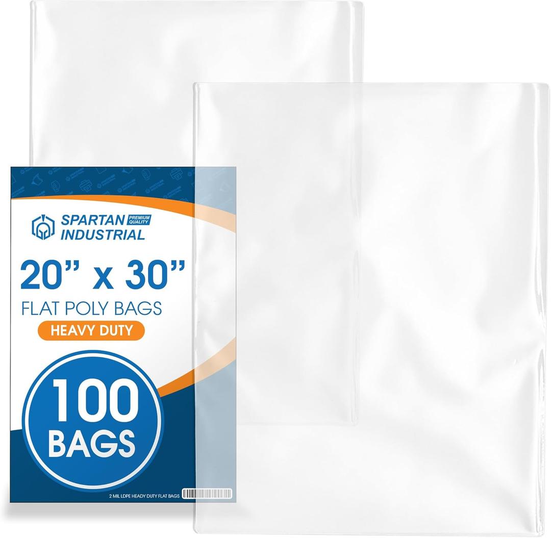 20" X 30" Open-End Flat Poly Bags (100 Count) No Adhesive Strip - 2 Mil Clear Bags for Packaging, Shipping, Storage - Spartan Industrial