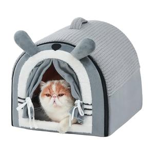 Jiupety Cat Houses for Indoor Cats, Cave Bed with Door Curtain Design, Cute Portable Beds with Reversible Washable Cushion, S Size Up to 6 lb Cat and 4 lb Dog, Non-Slip Bottom, Grey