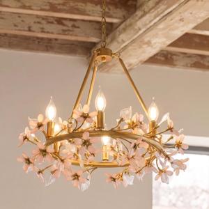 Gold Tree Branch Pink Crystal Chandelier, Grace Flower Chandelier, 6-Light Girl's Room Chandelier, Hanging Light Fixture Bedroom for Dining Living Room Nursery Kid's Room Entryway, E12 Bulb Included