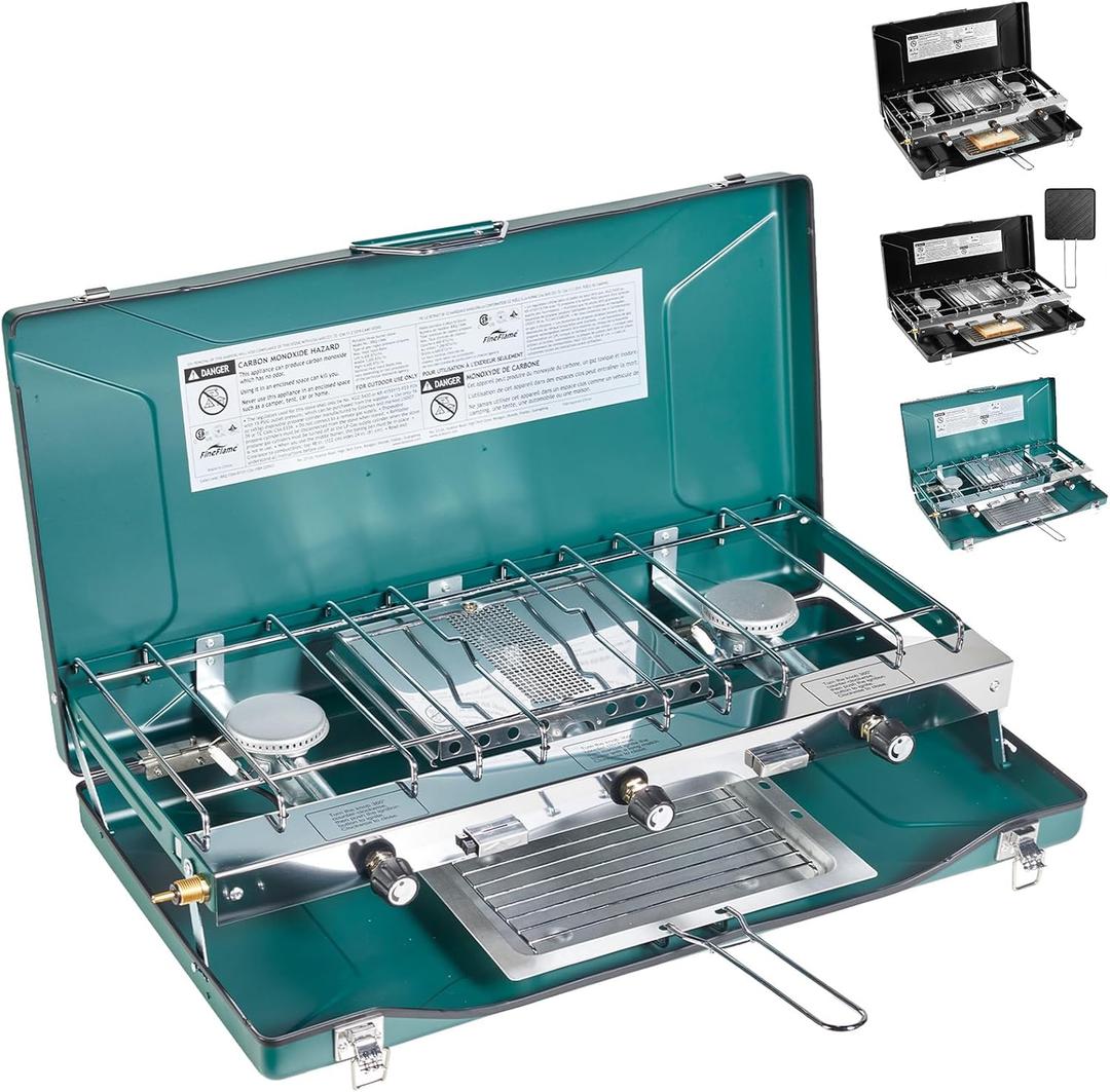 Camping Stove, 3 Burners Propane Portable Camp Stove with Regulator, Push-Button Instant Ignition, Adjustable Burners & Wind Guards for Car BBQ Picnics Outdoor Cooking (GREEN-20400 BTUs)