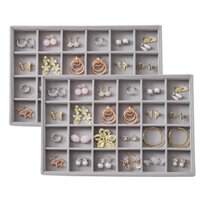 Large Velvet Jewelry Tray Display Drawer Inserts 2 Pack Stackable Jewelry Organizer for Earring Bracelet Necklace Ring (Gray, 24 Grids)