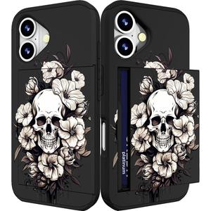 IWONE Compatible with iPhone 16 Plus Case with Card Holder Cute Shockproof Drop Protection Phone Wallet Slot Cover Cases for Women - Black Floral Skull Skeleton