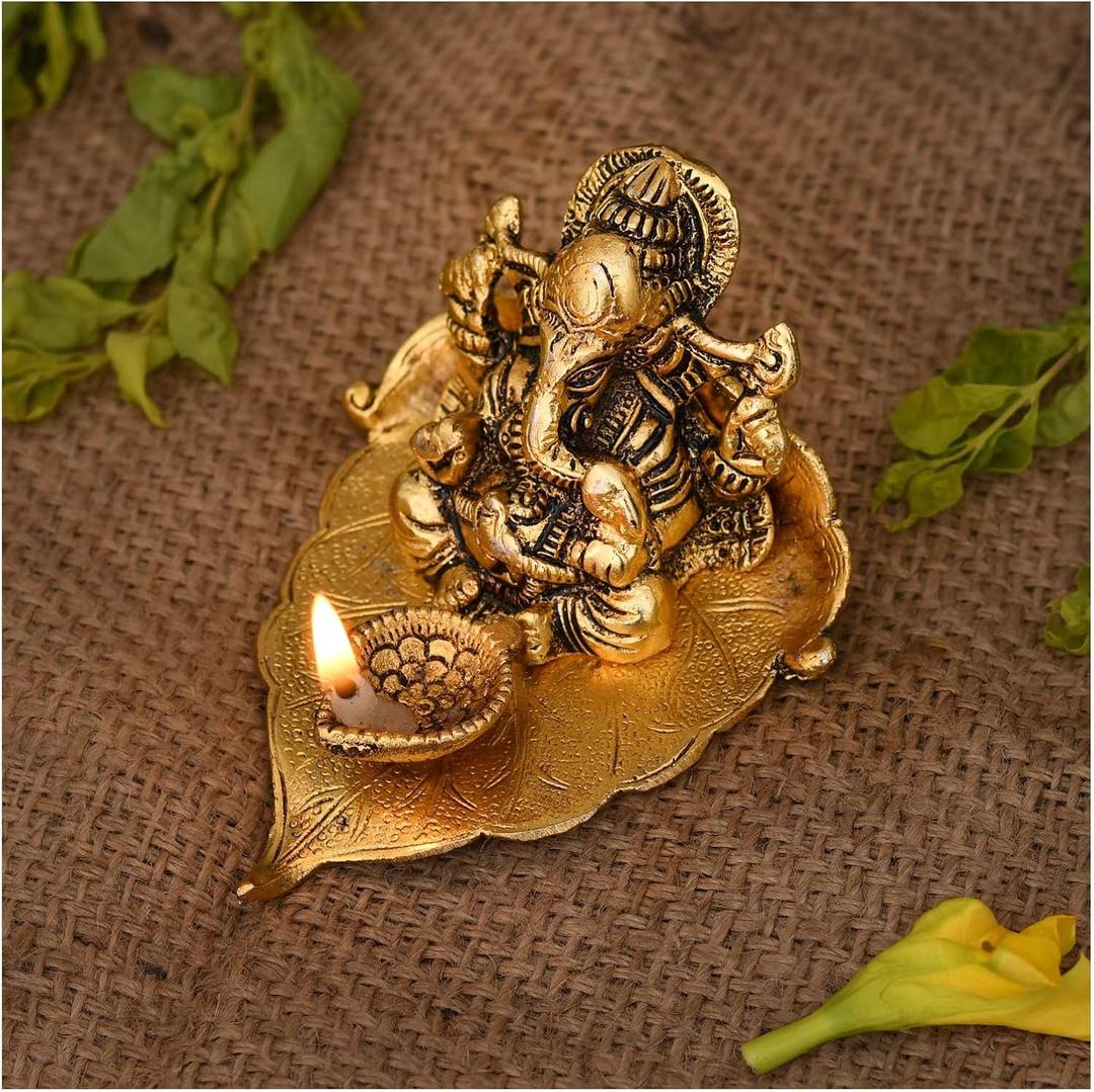 NOBILITY Ganesha on Leaf Statue Gold Ganesh Idol with Diya for Home Office Pooja Puja Diwali Decorative Wedding Return Gift Items