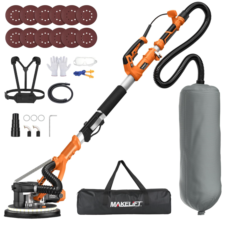 Drywall Sander with Vacuum Dust Collector,1050W 7.33A Popcorn Ceiling Removal Tool,LED Light,5 Variable Speed 1000-2100RPM,Foldable & Extendable Handle