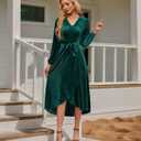 Women's Velvet V Neck Puff Sleeve Dress for Wedding Guest Cocktail Elegant Bodycon Party Midi Dress (Green)