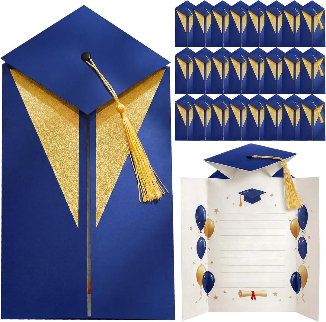 Gersoniel 24 Pcs 3D Graduation Card Bulk Set with Grad Cap Tassel 14.5 x 11 Inches Folding Congrats Cards - Congratulations Gift Card for High School College Nursing Kindergarten Graduates(Blue Gold)