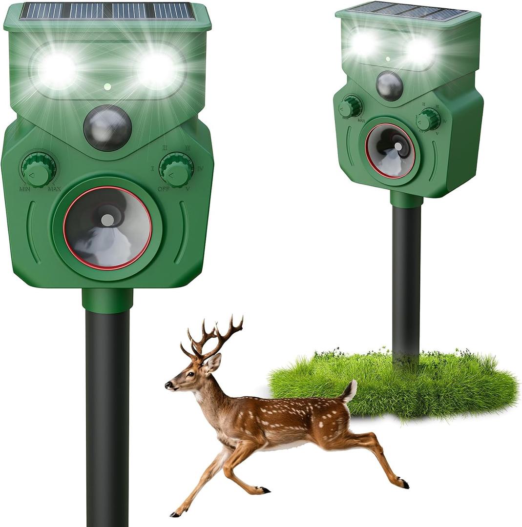 Ultrasonic Deer Repellent Devices 2 Packs , 2026 Upgrade Solar Animal Repeller with Motion Sensor & LED Lights, Waterproof Cat Deterrent Outdoor, Effective Repel Deer, Coyote, Raccoon, and Dog