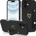 Fiyart Designed for iPhone 16 Case with Phone Holder Cute Love Hearts Pattern Slim Protective Camera Protection Cover with Wrist Strap Kickstand for Women Girls 6.1"-Black
