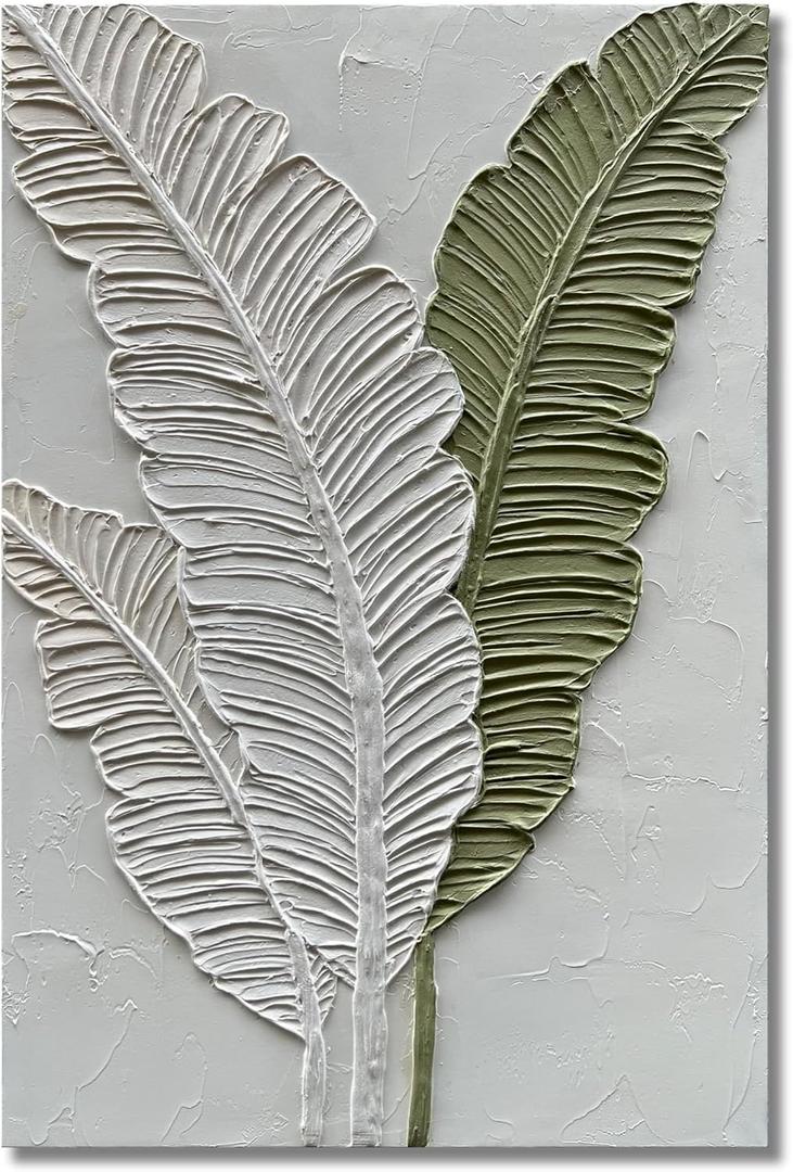 Art Hand-painted white and green leaf texture oil painting, modern abstract art. The size is 24x36 inches. It is suitable as a wall decoration for a home office, or as an art piece for display