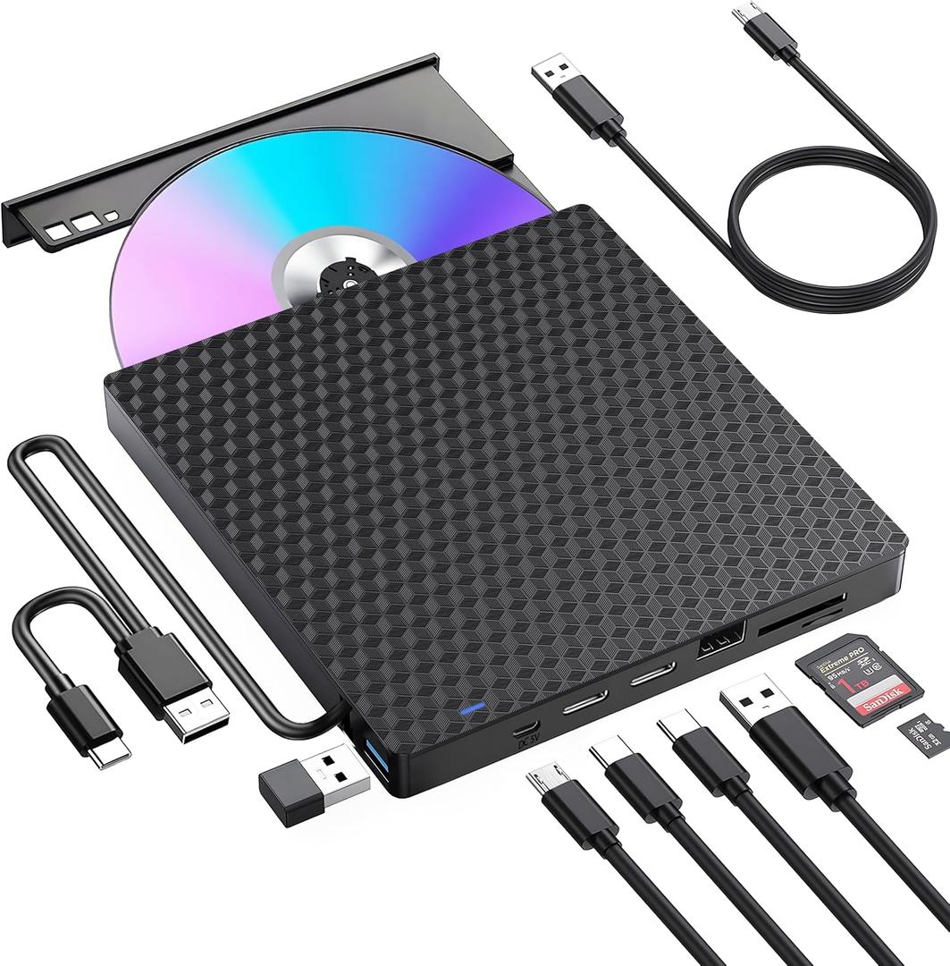 External CD/DVD Drive for Laptop, DVD Player for Laptop, 8 in 1 USB 3.0 Ultra-Slim Portable, CD Burner External Disk Drive Optical Compatible with Desktop Mac,Windows 11/10/8/7 Linux