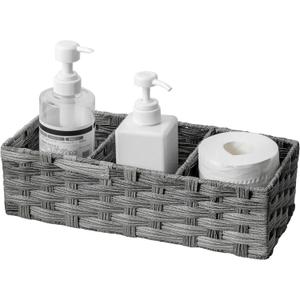 Toilet Tank Topper Paper Basket Multiuse Hand Woven Plastic Wicker Basket Bins with Divider for Shelves Rustic Farmhouse Bathroom Decor Countertop Organizer Storage (Grey-small 3 Boxes)