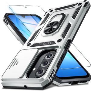 Janmitta Compatible with Samsung Galaxy A17 5G Case Built in Slide Camera Lens Cover+Screen Protector+Finger Ring Holder Kickstand,Heavy Duty Shockproof Full Body Phone Cover,Silver