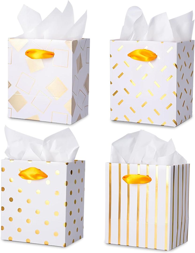 Plauthus 16 Pack Mini Gift Bags with Handles & Tissue Paper, Cute Assorted Pattern Mini Gift Bags for Small Business Holiday, Wedding, Baby Shower, Birthday Party (Gold & White-4.5 x4 x2.75)