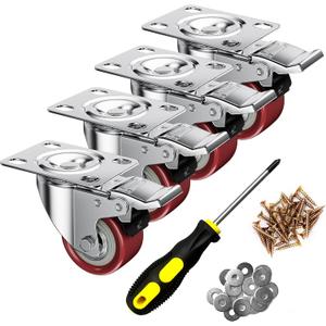 2 Inch Caster Wheels, Casters Set of 4, ASHGOOB Red Polyurethane (PU) Casters with Brake Heavy Duty, Industrial Locking Swivel Top Plate Castor Wheels for Workbench/Furniture/Cart