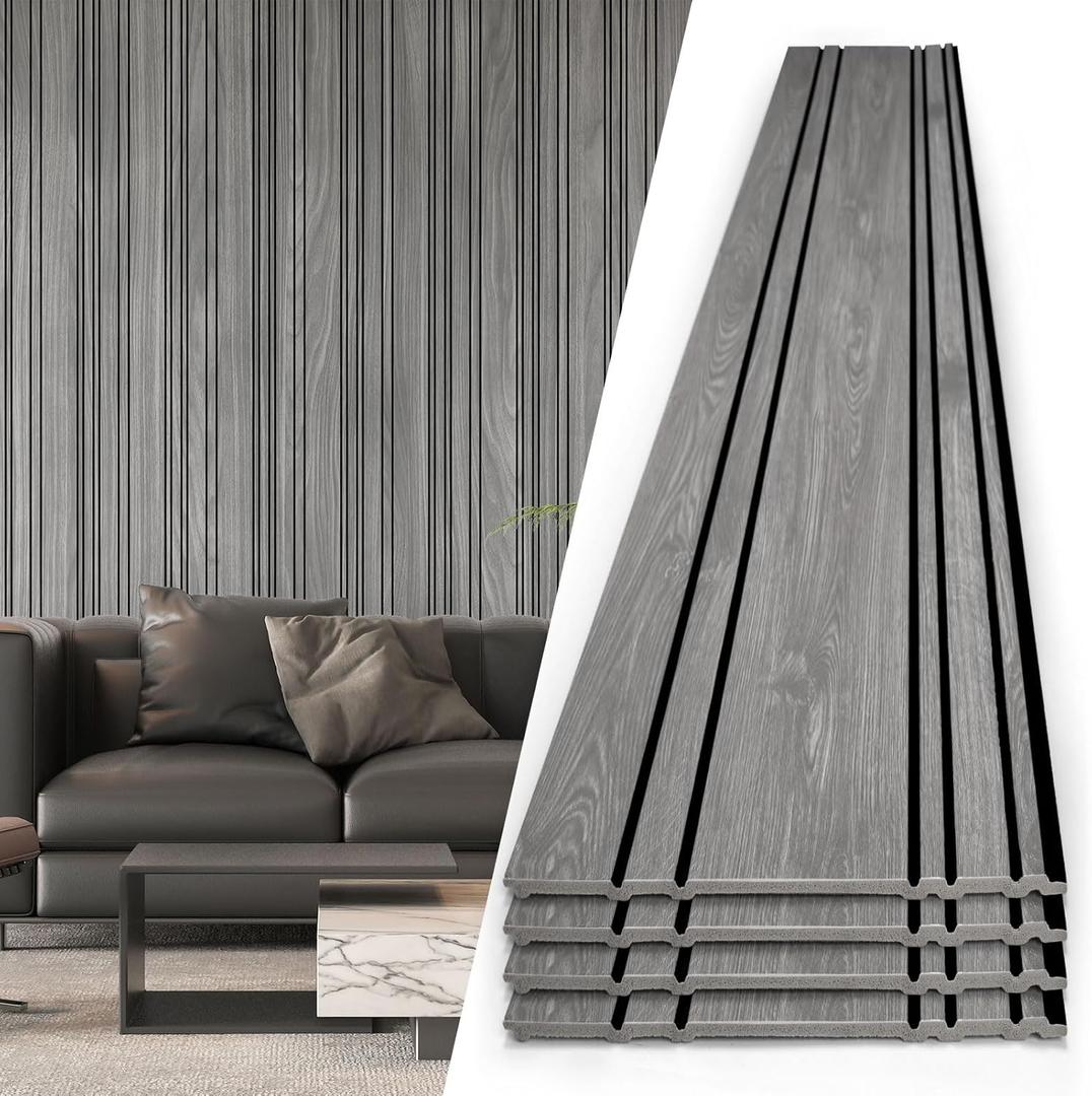 Art3d 4-Pack Glue-On Wall Panels, Wood Grain Texture Interior Wall Decor, 104"x12" Recycled Polystyrene Wainscoting Panels, Low Emission for Living Room Bedroom, Grey Oak