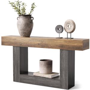 LITTLE TREE 63 Inches Long Console Table, 2-Tier Farmhouse Sofa Table Behind Couch, Large Narrow Entryway Table for Living Room, Wooden Hallway Foyer Table with Heavy Duty Base, Rustic Brown and Grey