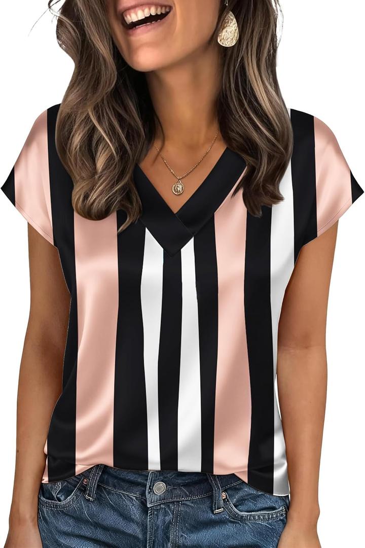 Zeagoo Women Silk Satin Tops Cap Short Sleeve Blouse V Neck Shirts Business Casual Outfits S (Tz291)