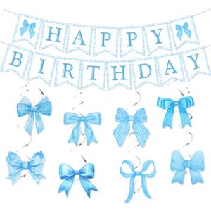 Blue Bow Happy Birthday Banner and Hanging Swirls Coquette Bow Party Decorations for Girls Women Bow Theme Birthday Party Supplies