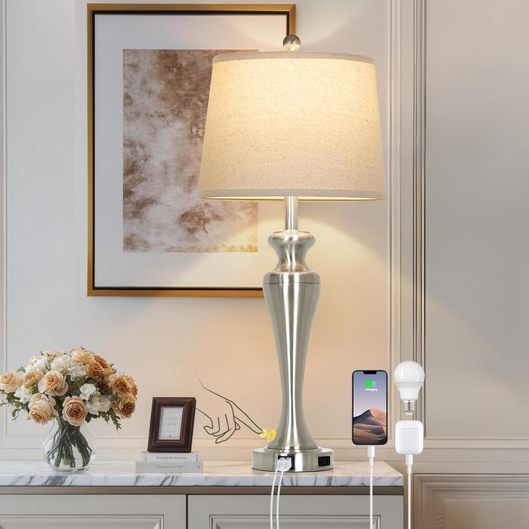 30 Inch Single Silver Table Lamp, 3-Way Dimmable Touch Bedroom Lamp with USB A+C Ports and AC Outlet, Modern Metal Brushed Nickel Living Room Lamp, Bedside Lamp for Nightstand Guest Room End Table