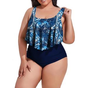Mooncore Womens Plus Size Swimsuit High Waisted Tankini Bathing Suits Two Piece Flounce Bikini Swimsuit (Dark Blue), XL