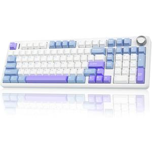 AULA F99 Pro Wireless Mechanical Keyboard with Knob,Tri-Mode BT5.0/USB-C/2.4GHz Hot Swappable Keyboard,Pre-lubed Switches,RGB Backlit Computer Gaming Keyboards (White&Blue&Purple) (With Knob-White&Blue&Purple)