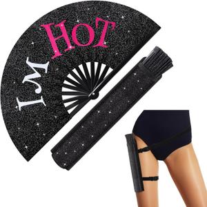 Large Rave Fan UV Glow Hand Fan with Holster for Men/women, Disco Party Favor for Edm Music Festival Club Rave Accessories(I'm Hot)