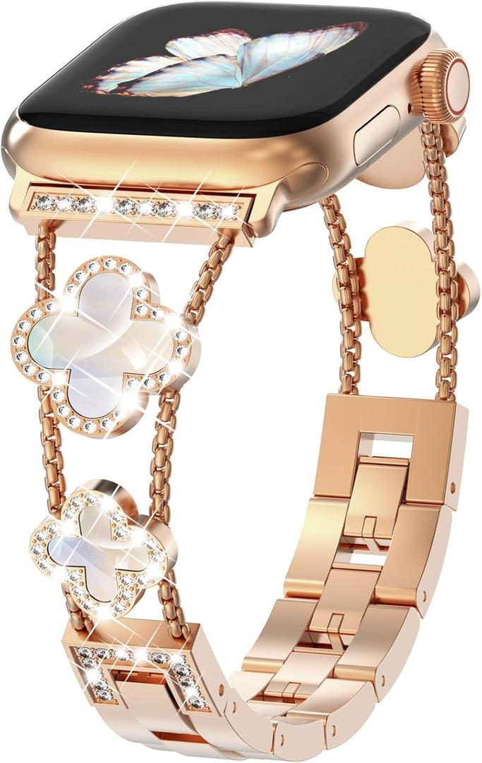 Bling Diamond Band Compatible with Apple Watch Bands for Women 40mm 41mm 38mm 42mm Series 11 10 9 8 7 6 5 4 SE3 3 2 1, Jewelry Metal Bracelet Wristband, Cute Lucky Clover Dressy iWatch Band (Rose Gold/Iridescent)