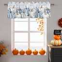 Fall Blue White Pumpkin Valances Curtains for Windows, Thanksgiving Decorations Rod Pocket Kitchen Valance Curtain for Living Room/Bedroom, Short Window Treatment Drapes, 54x18in, Eucalyptus Leaves