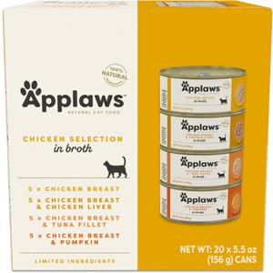 Applaws Natural Wet Cat Food in Broth, Limited and Natural Ingredients, High Protein with No Artificial Additives, Chicken Selection in Broth Cans (20 x 5.5 oz Cans) (EXP 03/16/28)
