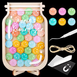 9" DIY Name 45 Tokens Smiley Face Magnetic Reward Jar Gifts for Classroom Teacher Kids Potty Training Chore Chart Toddler Good Behavior Management Tools Back to School RWJ-03-SMILEY-M (9"x6")
