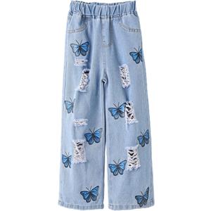 WDIRARA Girl's Butterfly Print Elastic Waist Wide Leg Ripped Jeans Denim Pants (Blue)