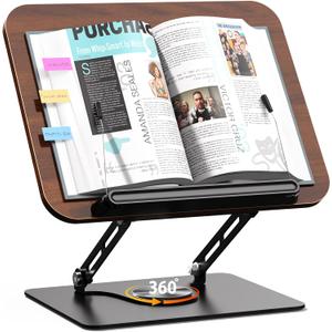 Abiglifty Book Stand for Reading,Adjustable Book Holder with 360 Rotating Base,Foldable Book Holder Stand for Cookbook,Textbook,Tablets, Laptops (Dark Wood)