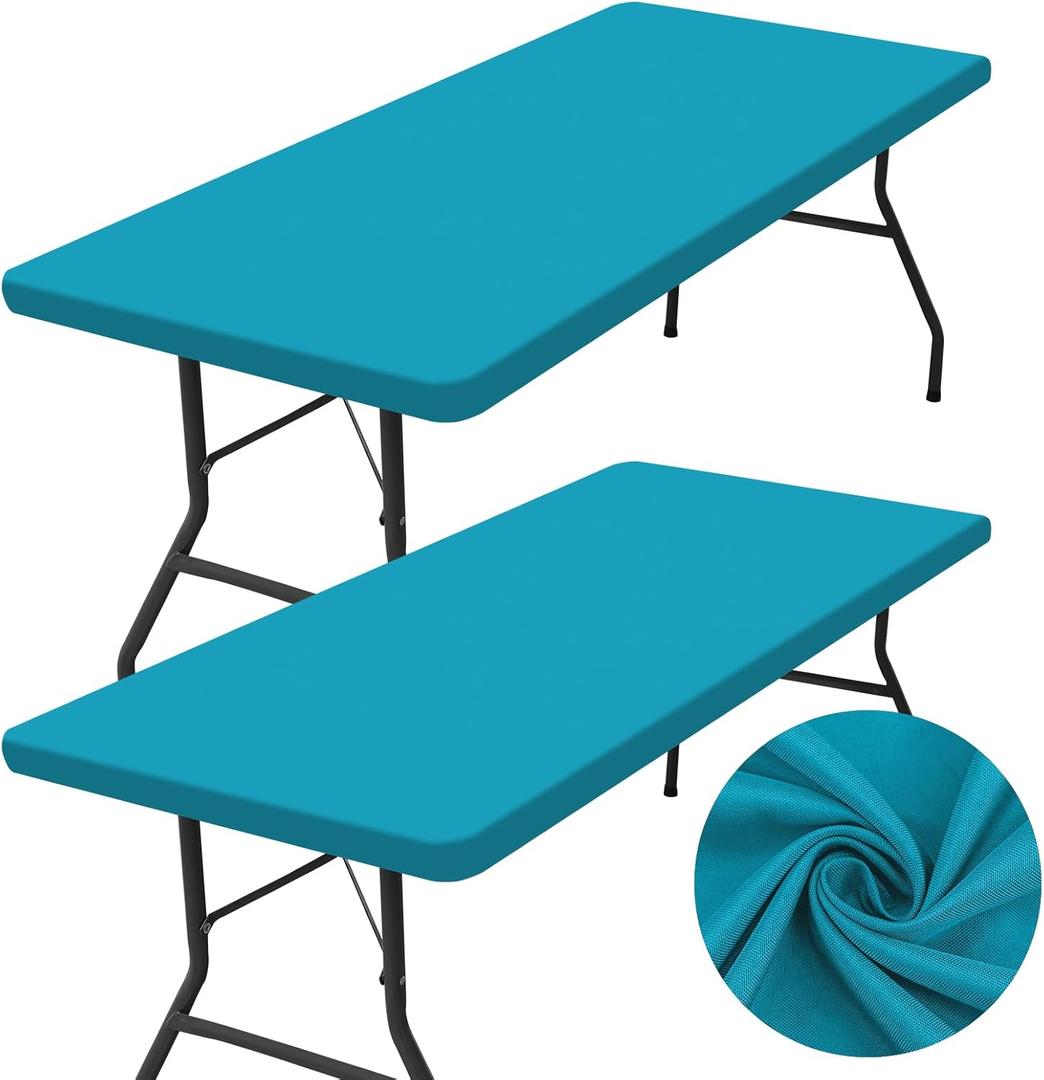 homing 2 Pack Rectangle Table Cloth, Elastic Fitted Fabric Tablecloth Fits for 5 Foot Folding Tables, Washable Table Cover for Picnic, Camping, Indoor & Outdoor (Teal, 30" x 60")