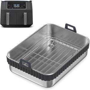Air Fryer Liner Pan Set Stainless Steel Heavy Duty Double Pan Tray with Rack & Removable Handle for Ninja Foodi DZ401/DZ550/AF400EU/AF400EUPC/SL400EU Cosori (without Lid) | with Rack & Silicone Handlefor Ninja Foodi DZ401/DZ550/AF400EU/AF400EUPC/SL400EU Cosori