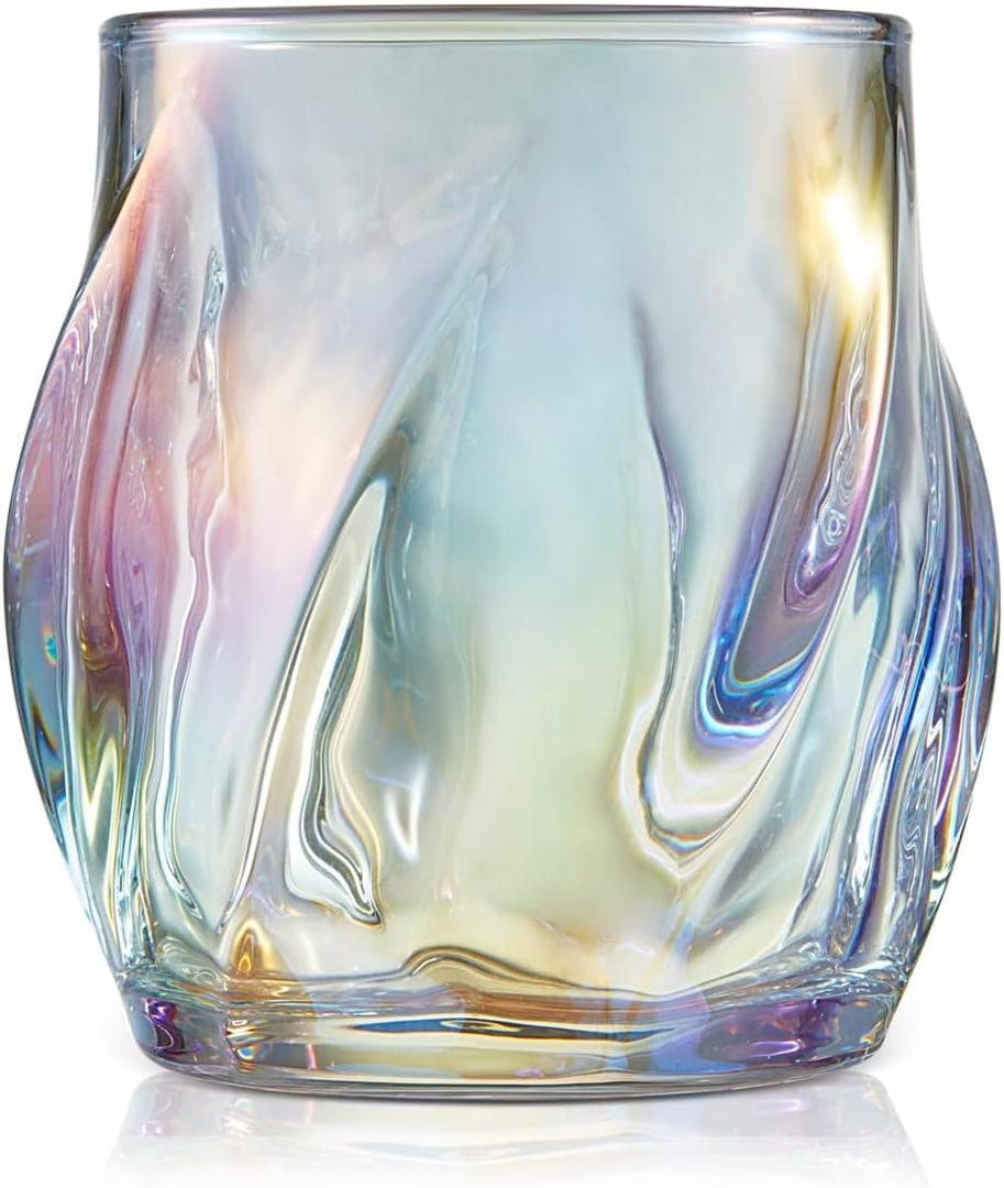 Whiskey Glasses Set of 2, Colorful Rock Glass, 8.5 OZ Drinking Glasses, Creative Twisted Crystal Old Fashioned Tumbler for Bourbon, Scotch, Cocktail, Tequila, Wine, Rum (Iridescence)