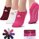 NEWZILL Non Slip Yoga Socks for Women, Grips Socks with Cushion for Pilates Barre Ballet Dance Hospital (3 Pairs) (One Size, 3 Pairs-white/Red/Pink)