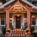 Horror Circus Awning Banner Halloween Carnival Decorations Creepy Circus White Red Striped Porch Door Banner Evil Carnival Tent Background for Halloween Haunted House Eve Party Photo Props Supplies