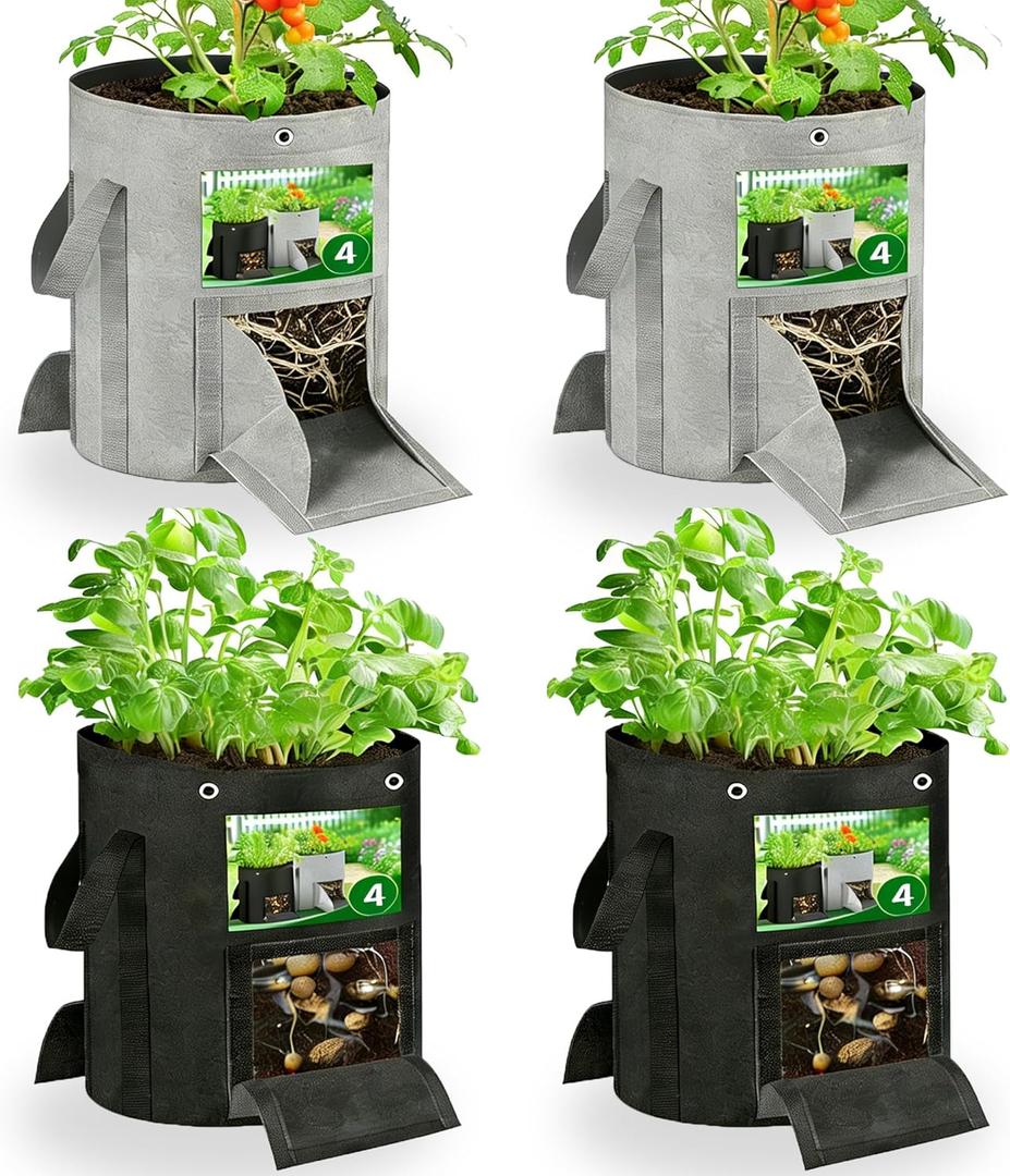 10 Gallon Grow Bags 4-Pack with Viewing Window & Harvest Flap, Heavy Duty Non-Woven Fabric Potato Grow Bags with Reinforced Handles for Vegetables, Tomatoes, Carrots, Onions