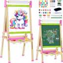Easel for Kids, Wooden Art Easel, Toddler Toys for Ages 2-4 5-7 with Art Supplies, Height Adjustable Double-Sided Magnetic Whiteboard and Chalk Board, Birthday Gifts for 2 3 4 5 6 7 Year Old Boy Girl Toy