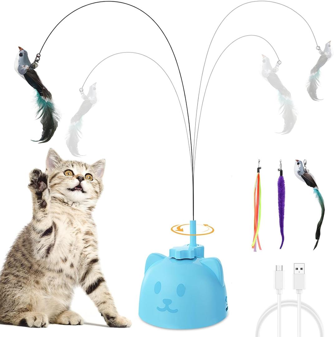 Interactive Cat Toys, Automatic Cat Toys, Rechargeable Cat Exercise Toy for Indoor Cats with Bird Ribbon Pendant, Rotation, Reusable Sticker Base, Teaser Wand for Cats Kittens Exercise (Blue)